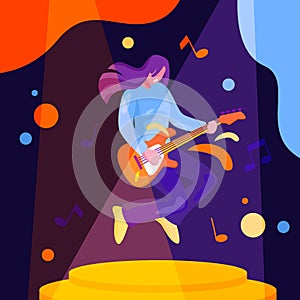 Young woman jumping and playing electric guitar on stage. Concept of creating music