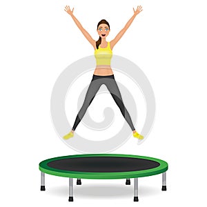 Young woman jumping on trampoline. Pretty fit girl in leggings and crop top with hands up.