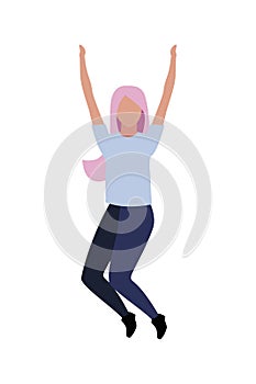 Young woman jumps for joy semi flat color vector character