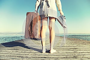 Young woman just arrived to destination with her suitcase photo