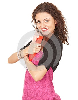 Young woman keeping book