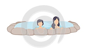 Young woman and kid enjoying outdoor thermal spring, mother and her child relaxing in hot water in bath tub vector