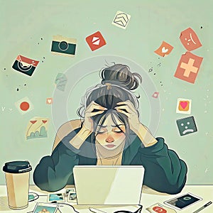 Young woman at laptop experiencing social media fatigue, digital overwhelm, and burnout