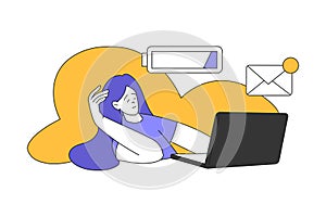 Young Woman at Laptop with Low Battery Multitasking Accomplishing Task Having Deadline Vector Illustration