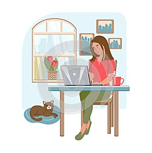 Young woman with laptop working from home. Girl sitting in modern interior. Home office concept. People who study or work at home