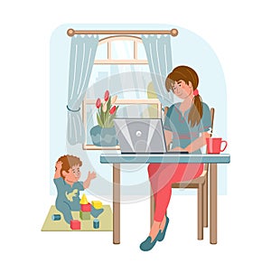 Young woman with laptop working from home. Working mom with kid in modern interior. Home office concept. People who study or work