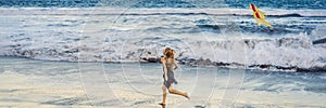 A young woman launches a kite on the beach. Dream, aspirations, future plans BANNER, LONG FORMAT