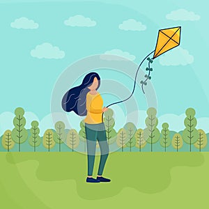 Young woman launching kite outdoors girl playing wind toy holiday