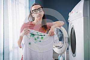Young woman and laundry problems photo