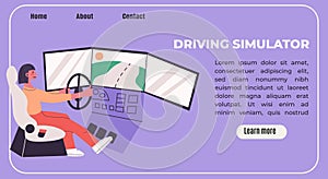 .Young woman learn to drive with gaming wheel. Driving school, simulation driving lesson. Flat vector modern isolated