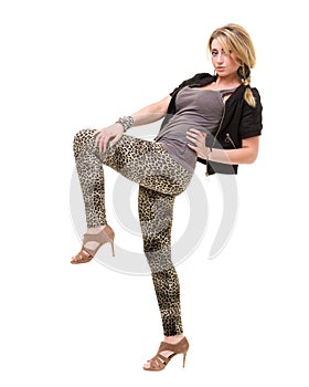 young woman in a leggings and jacket, isolated on white