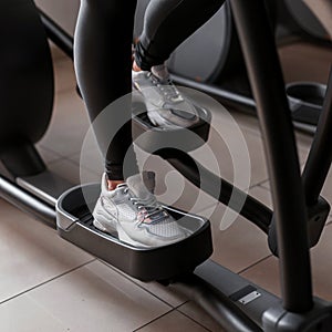 Young woman in leggings in sports sneakers does cardio training on a stepper simulator in the gym. Girl burns calories.