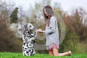 Young woman licked in the face by an Dalmatian dog