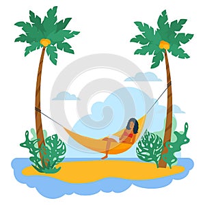 Young woman lies with laptop on hammock on island