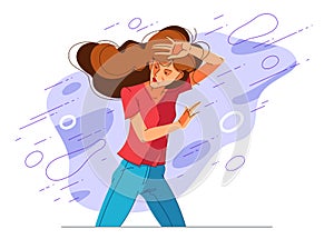 Young woman in life troubles vector illustration, struggle with problems, stress and anxiety.