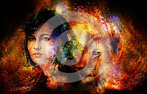 Young woman and lion cub in cosmic space. Crackle effect.