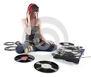 Young Woman Listening a Music From DJ Turntable