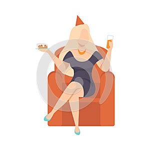 Young Woman In Little Black Dress Sitting With Birthday Cake And Glass Of Wine Vector Illustration