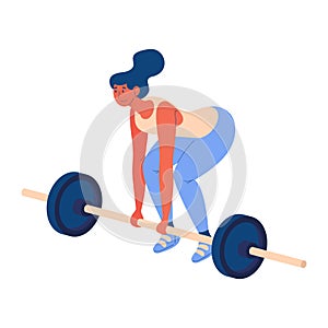 Young woman with loaded barbell training deadlifting exercise isolated on white. Healthy lifestyle cartoon illustration