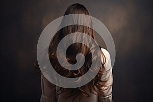 Young woman with long curly hair on dark background. Back view, rear view of a Beautiful young woman with long hair. back view of