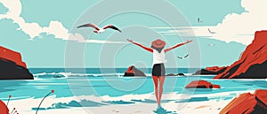 Young woman with long hair on the beach, seaside, by the sea. Seagulls flying. Minimalistic flat illustration for web