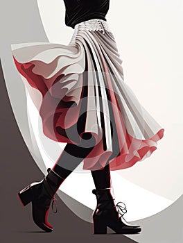 A young woman in a long pleated skirt and velvet platform boots her face painted in black white and red. Gothic art. AI