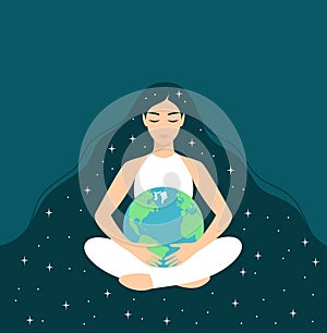 Young woman with long starry hair and closed eyes sitting in lotus position and hugging planet Earth