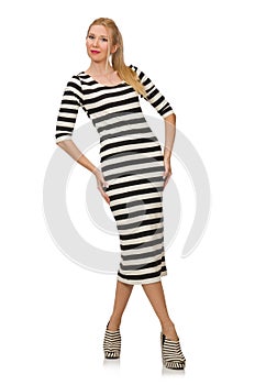 Young woman in long striped dress isolated on