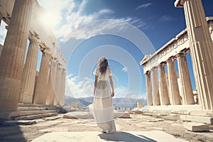 Young woman in a long white dress on the background of the Parthenon, Greece, Female tourist standing in front of the Parthenon,