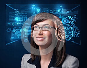 Young woman looking with futuristic smart high tech glasses