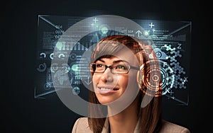 Young woman looking with futuristic smart high tech glasses