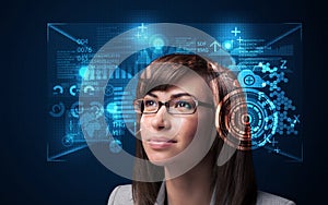 Young woman looking with futuristic smart high tech glasses