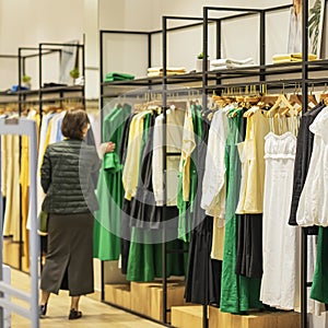 Young woman looking new clothes in fashion store in shopping mall, shopping concept