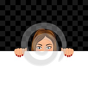 Young woman looking out of the blank with copy space. Girl hiding behind the banner. Vector illustration.