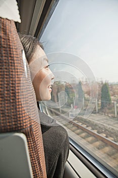 Young Woman Looking Out the Window of a Train