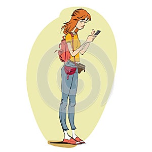 Young woman looking at smartphone. Navigation map or the game