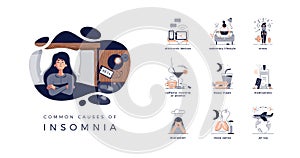 Young woman lying in bed, closed vector illustration. Insomnia causes: electronic devices, sedentary life, stress