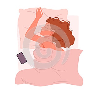 Young woman lying on belly and hugging cozy pillow to sleep with sweet dreams, female character napping in bedtime