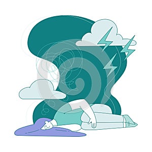 Young Woman Lying on the Floor with Gloomy Clouds Suffering from Mental Disorder Vector Illustration