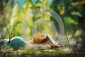 Young woman lying in the grass and relaxing. Spring-summer landscape. Digital drawing story.