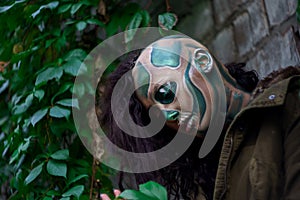 Young woman with Makeup of green skull for halloween surrounded by green leafs