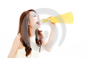 Young Woman making announcement with megaphone