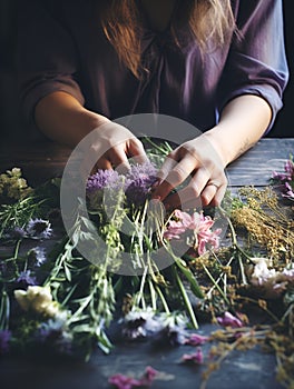 Young woman making a bouquet of summer wildflowers and herbs on a wooden table. Floral boutique, craftsmanship. Generative AI