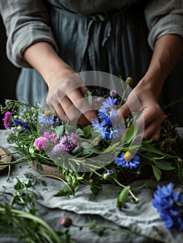 Young woman making a bouquet or a wreath of wildflowers and herbs. Florist making a decoration for midsummer. Generative AI