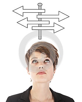 Young woman making a choice with arrows isolated photo