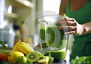 Young woman making healthy vegan green smoothie cocktail in kitchen.Macro.AI Generative