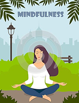 Young woman making meditation in lotus pose with closed eyes. Beautiful girl relaxes, practicing yoga in city park. Vector flat