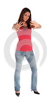 Young woman making a repelling gesture