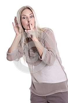 Young woman making silent sign isolated on white.