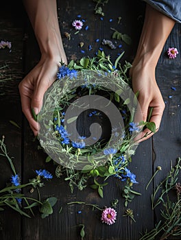 Young woman making a wreath of wildflowers on a wooden table. Florist creating midsummer decoration. midsummer